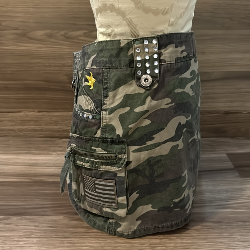 Tell Premium Surplus Camo Swarovski Crystal Patches 5 Pockets Zip Mini Skirt L - Picture 8 of 15